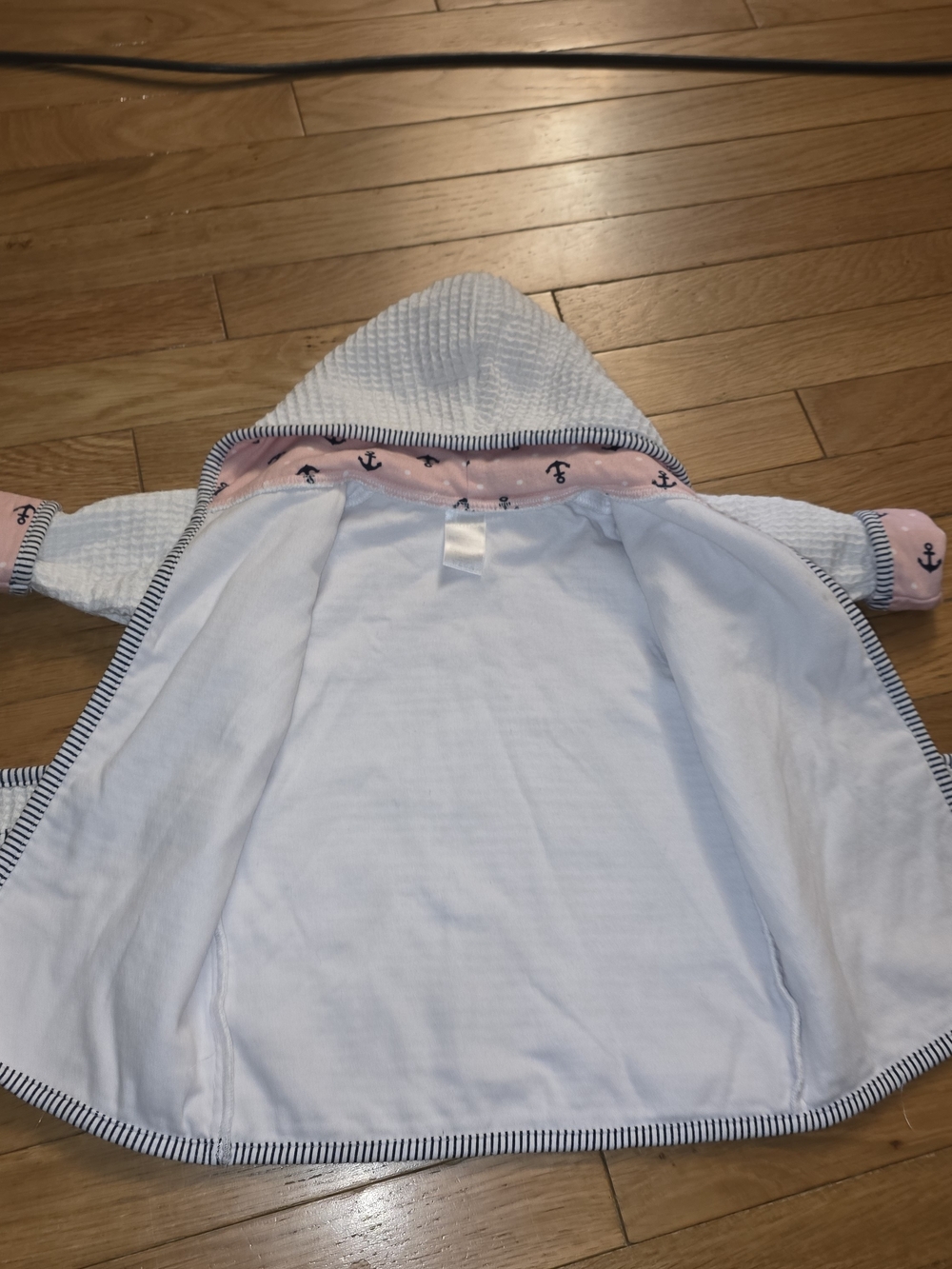 Nautica Infant 0-9 Mth Cream Waffle-Knit Kids Hooded Robe Pink Sailboat Lining - Picture 7 of 13